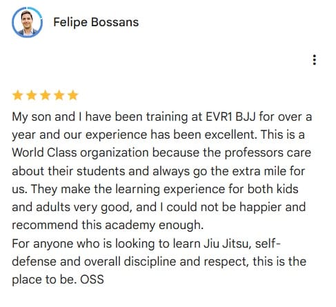 Screenshot of a five-star Google review from a parent training with their son