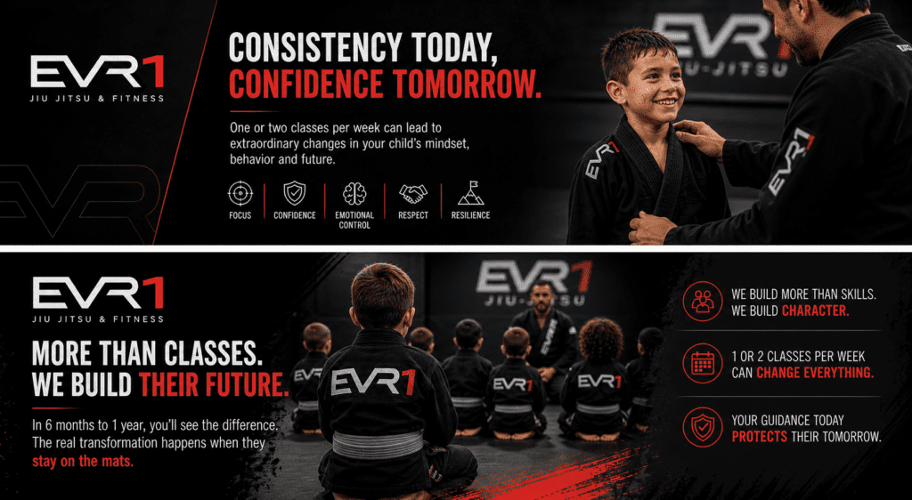 Kids practicing Brazilian Jiu-Jitsu with instructor at EVR1 Jiu-Jitsu, building confidence, discipline, and resilience through consistent training.