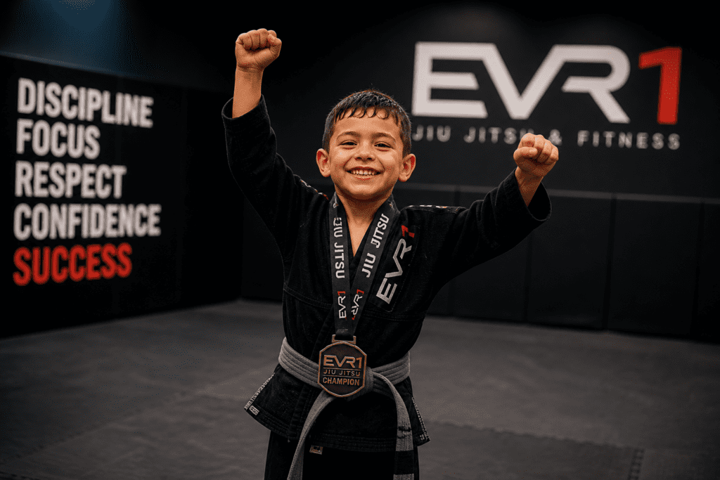 Young boy celebrating success in Brazilian Jiu-Jitsu training at EVR1, showing confidence, discipline, and personal growth through consistent practice